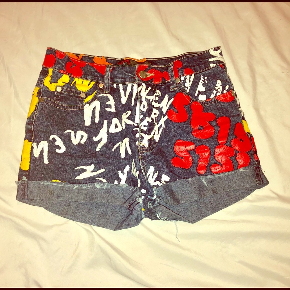 High-wasted, hand painted cuffed Jean Shorts